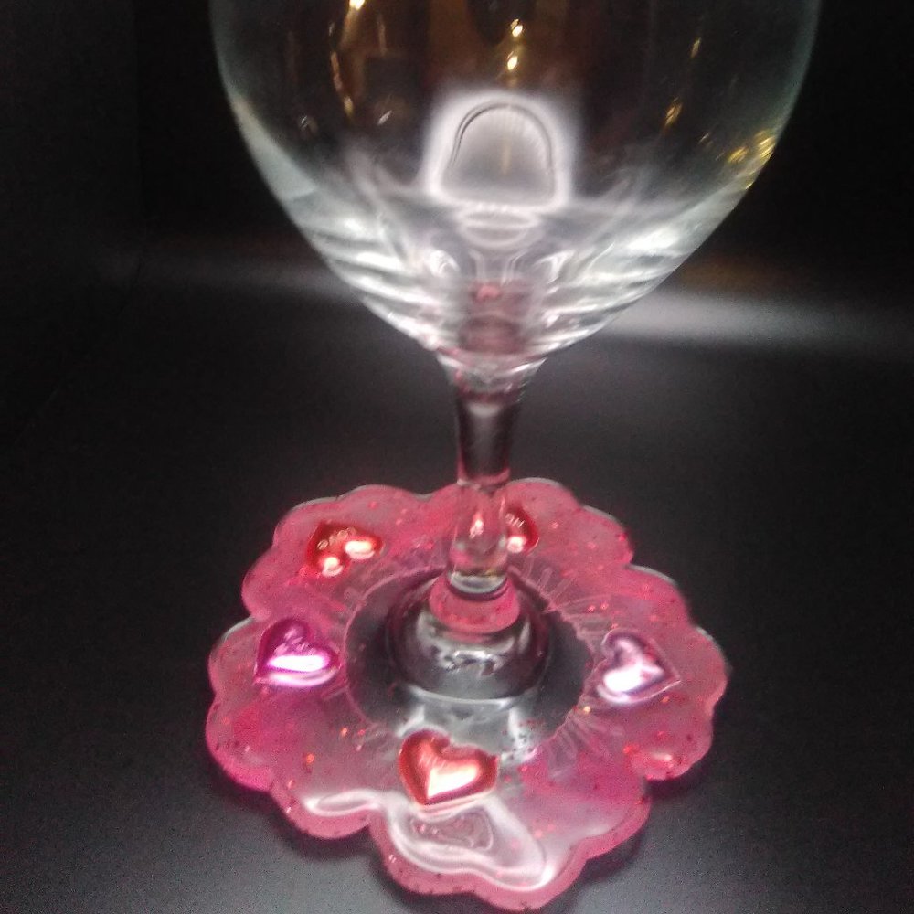Pink and Red Valentine's Day  Wine Glass with Attached Coaster